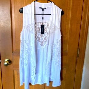 Ladies white open front vest with white lace in-lays.